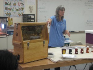 Cathy brought an observation hive and different types of honey when she visited with students in the Climate Change Classes at the Barack Obama Green Charter High School in Plainfield, NJ earlier his month.